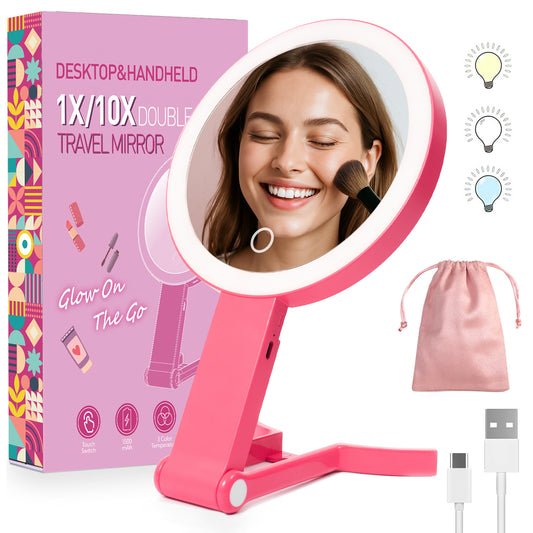 1X/10X Dual Sided LED Makeup Mirror 360° Rotation - Portable for Travel