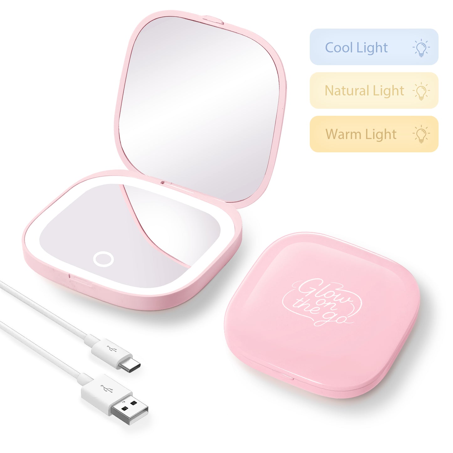 GLOW ON THE GO Compact Makeup Mirror Double-sided 1x/3x Magnification
