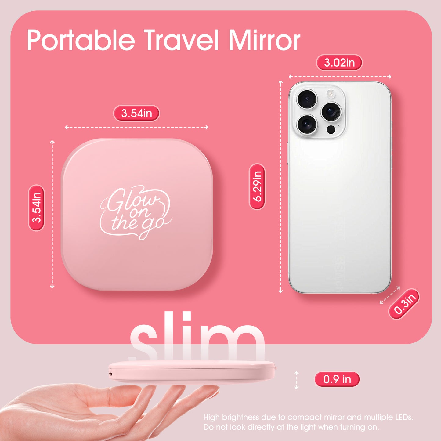 GLOW ON THE GO Compact Makeup Mirror Double-sided 1x/3x Magnification