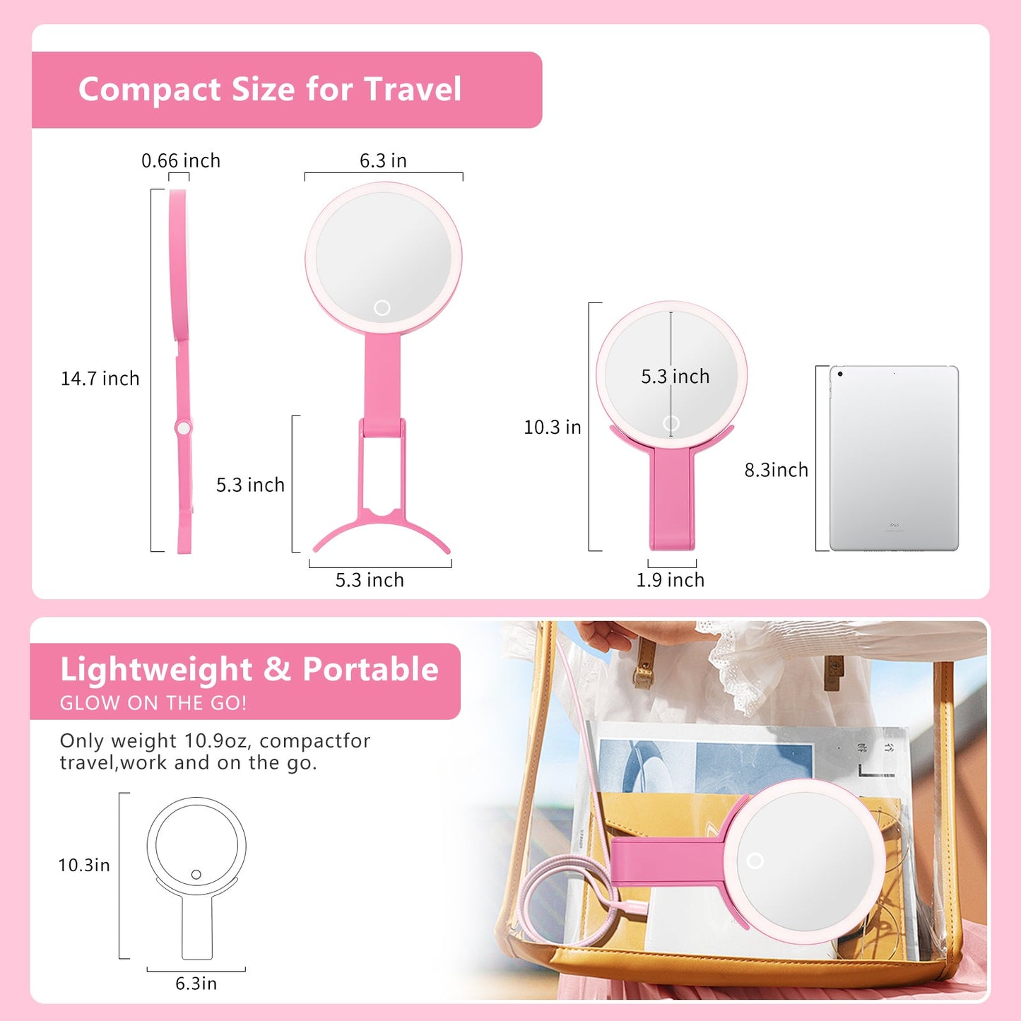 1X/10X Dual Sided LED Makeup Mirror 360° Rotation - Portable for Travel.