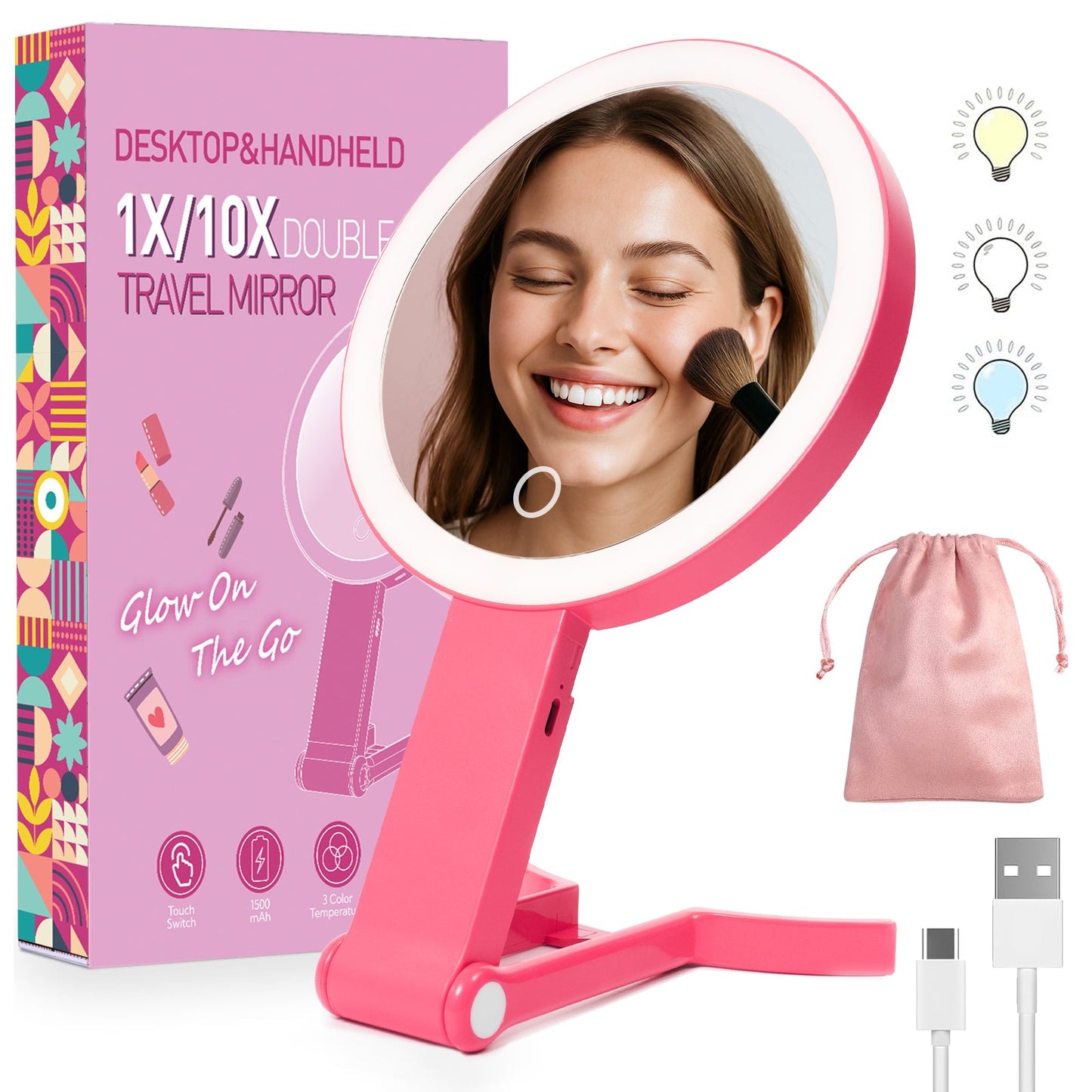 1X/10X Dual Sided LED Makeup Mirror 360° Rotation - Portable for Travel.