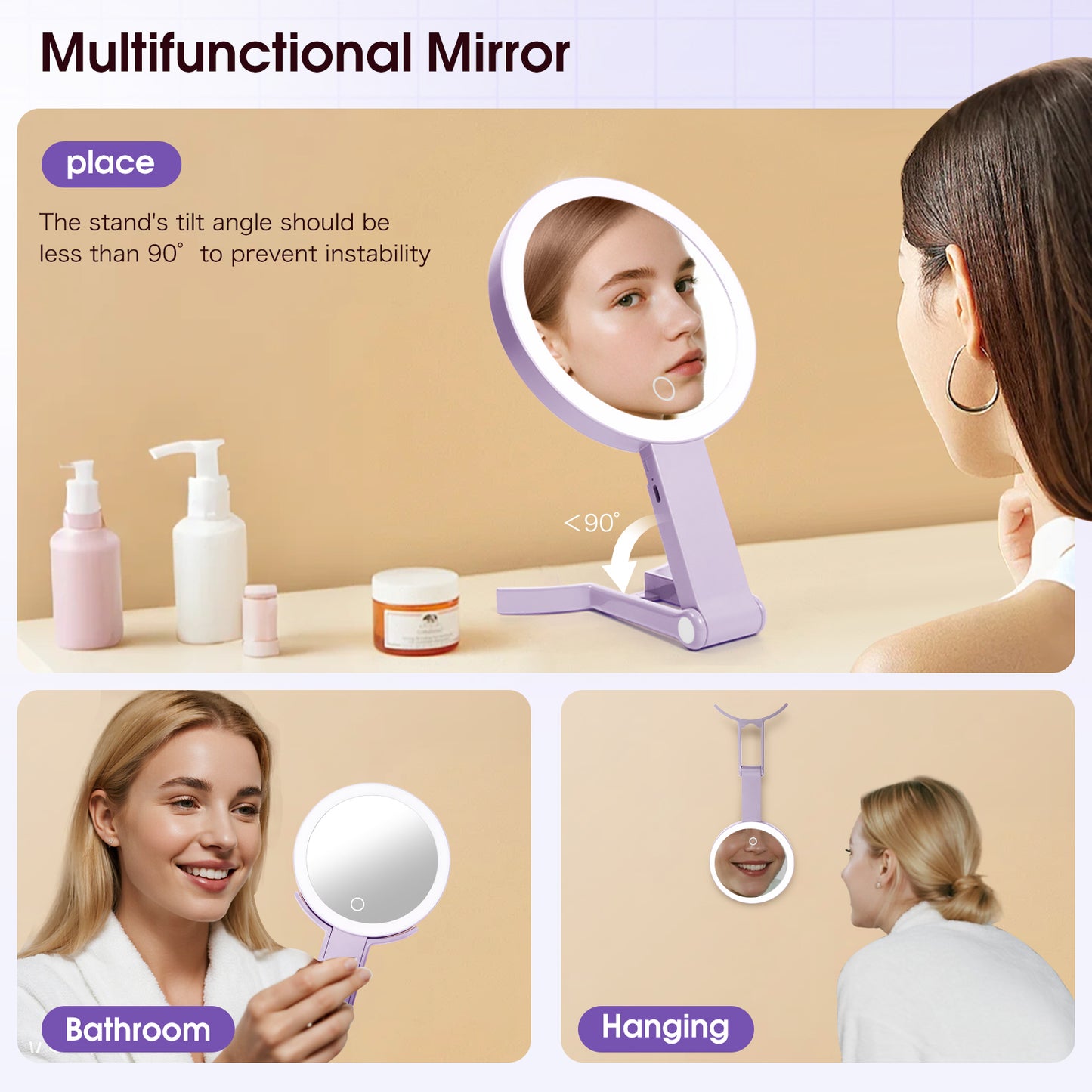Dual-Sided LED Makeup Mirror – 10X Magnification, 3 Light Modes, Travel-Friendly Design