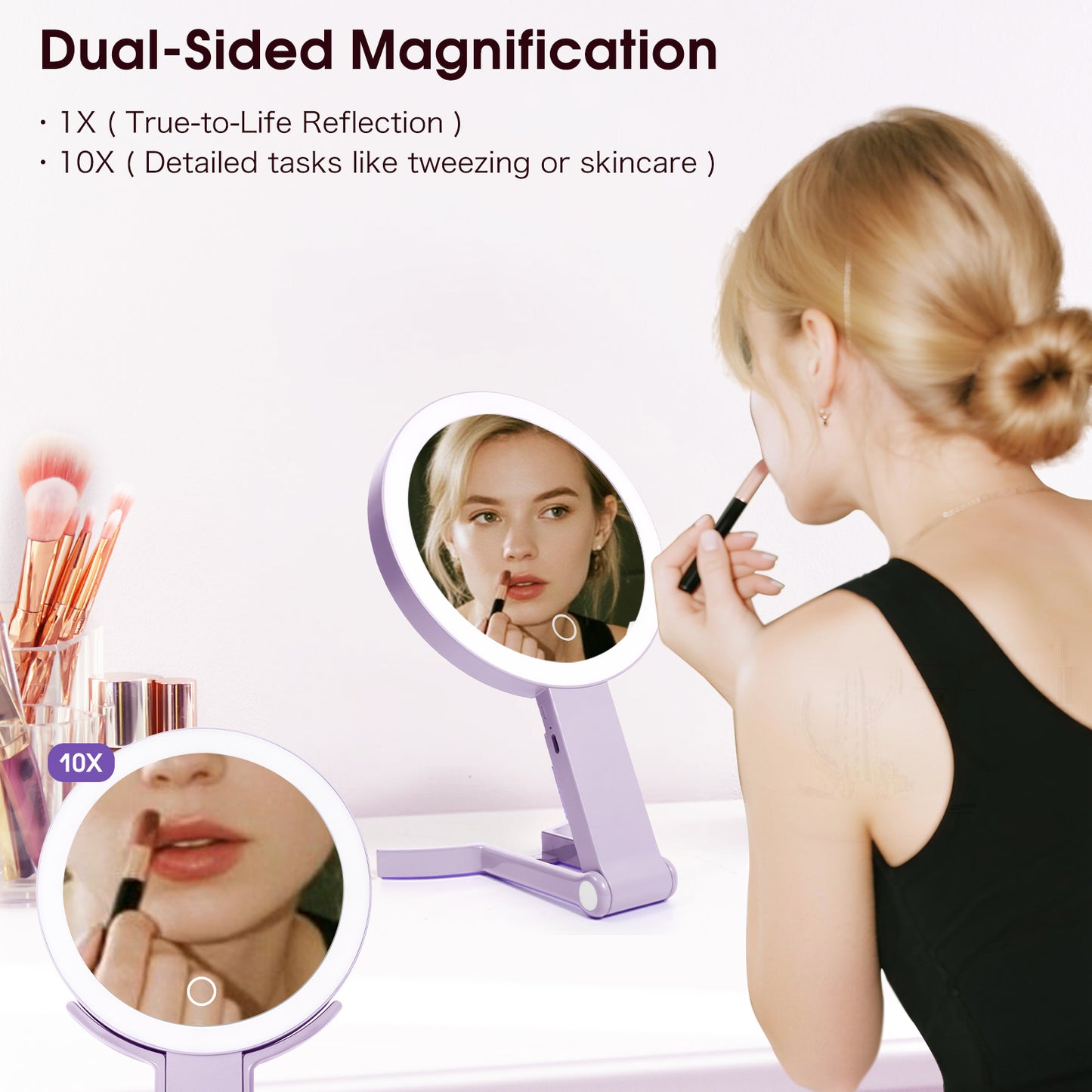 Dual-Sided LED Makeup Mirror – 10X Magnification, 3 Light Modes, Travel-Friendly Design