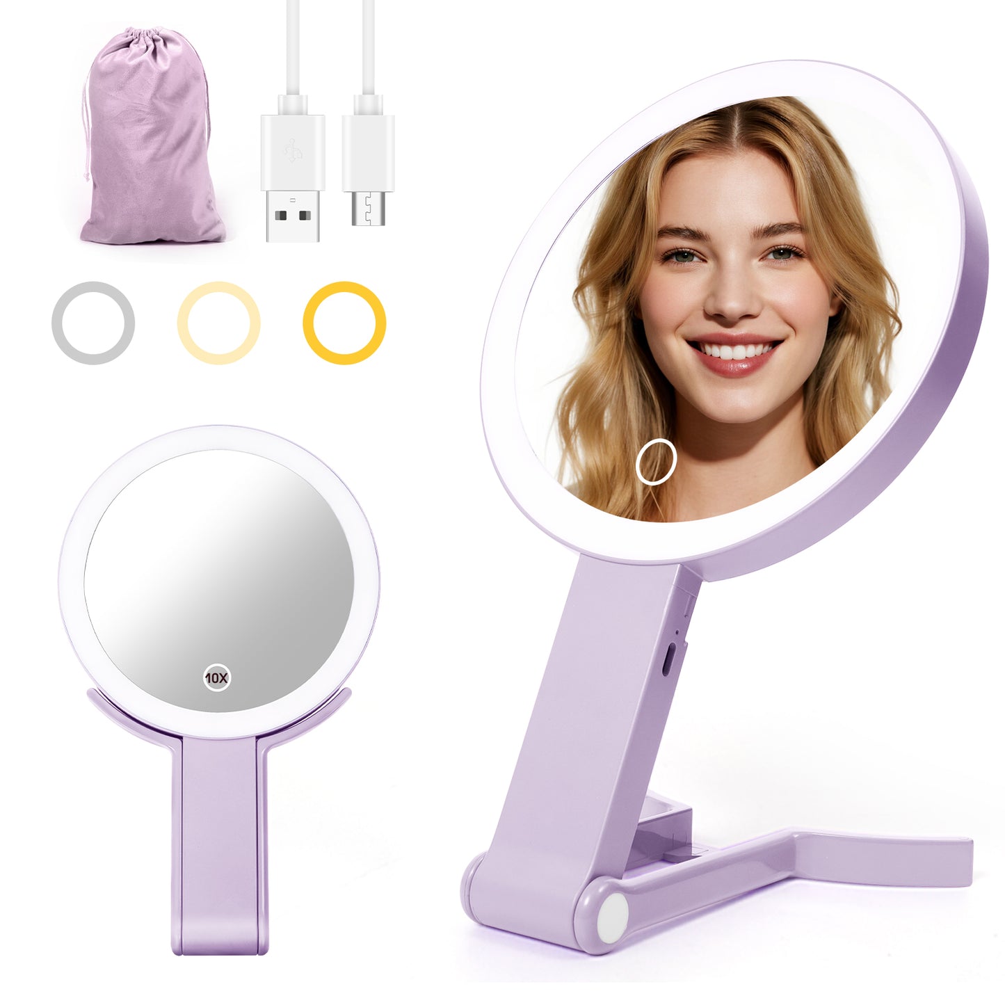 Dual-Sided LED Makeup Mirror – 10X Magnification, 3 Light Modes, Travel-Friendly Design